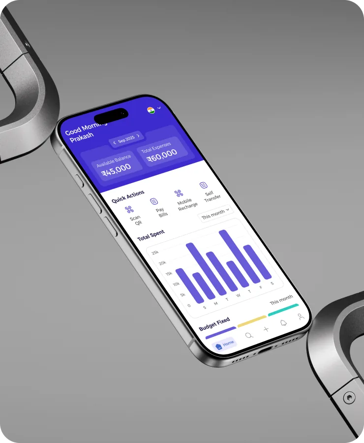 Fintechzy personal finance and expense tracking mobile app UI UX design on smartphone mockup